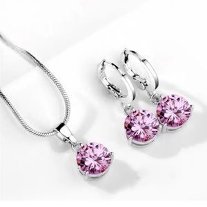 Pink Crystal Silver Toned Necklace & Earrings Set